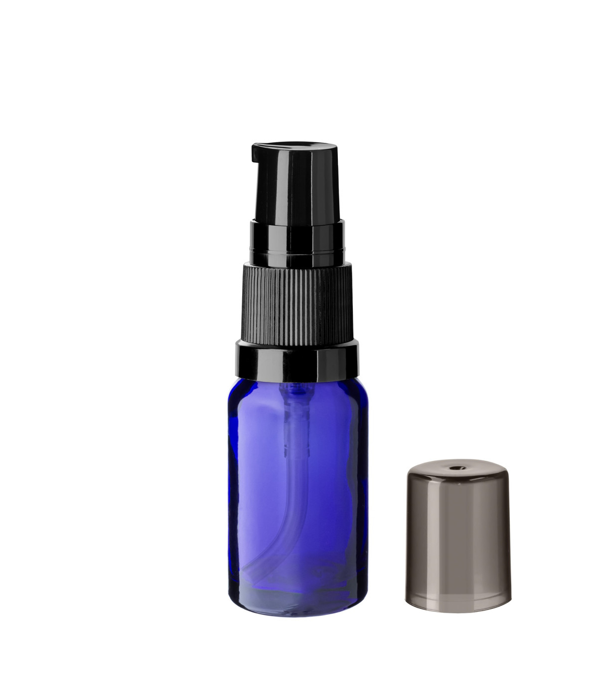 Glasflasche 10 ml blau mit schwarzer Pumpe [1]