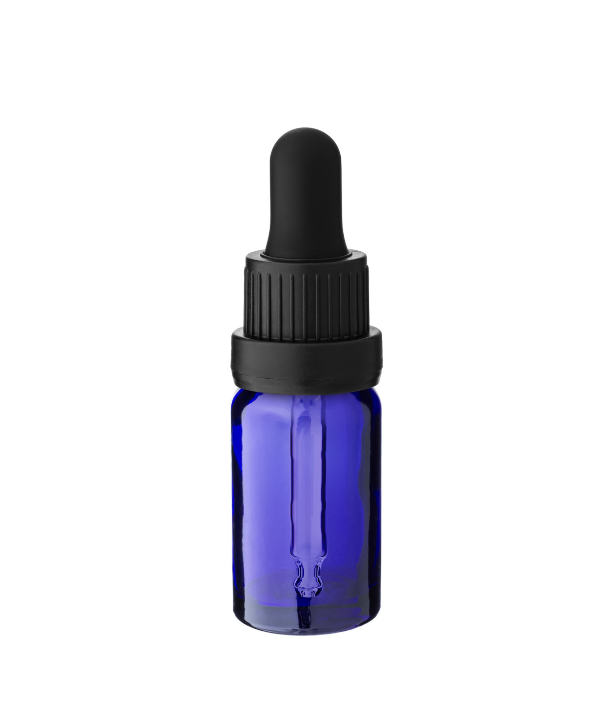 Blaue 10-ml-Glasflasche mit schwarzer Pipette in Nahaufnahme