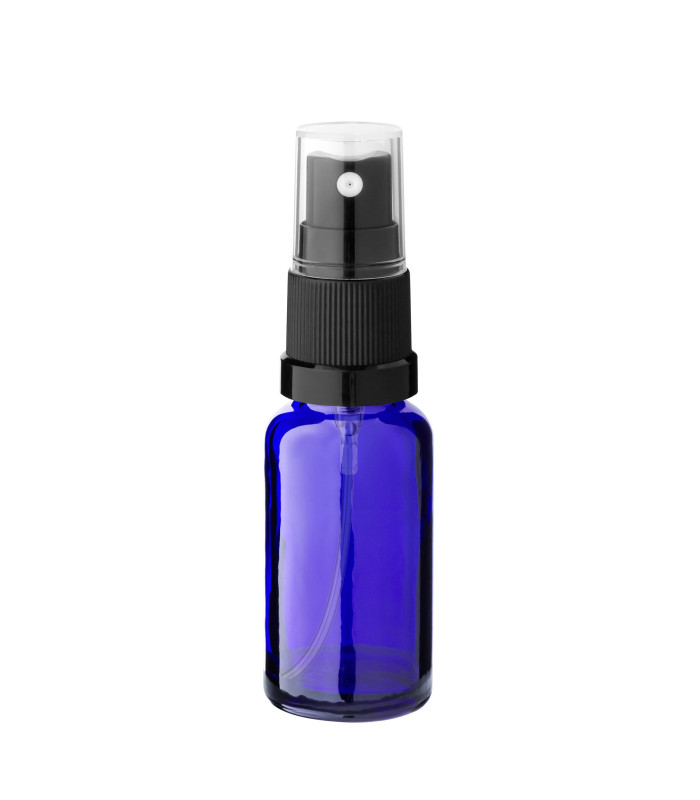 Blaue Glasflasche 20 ml mit schwarzem Zerstäuber Sprühkopf - Leer Set