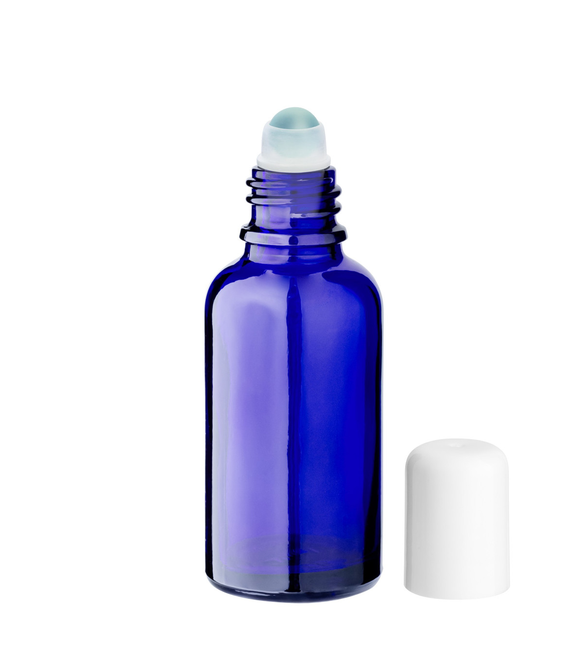 Glasflasche 30 ml blau Roll-On mit weißem Schraubverschluss