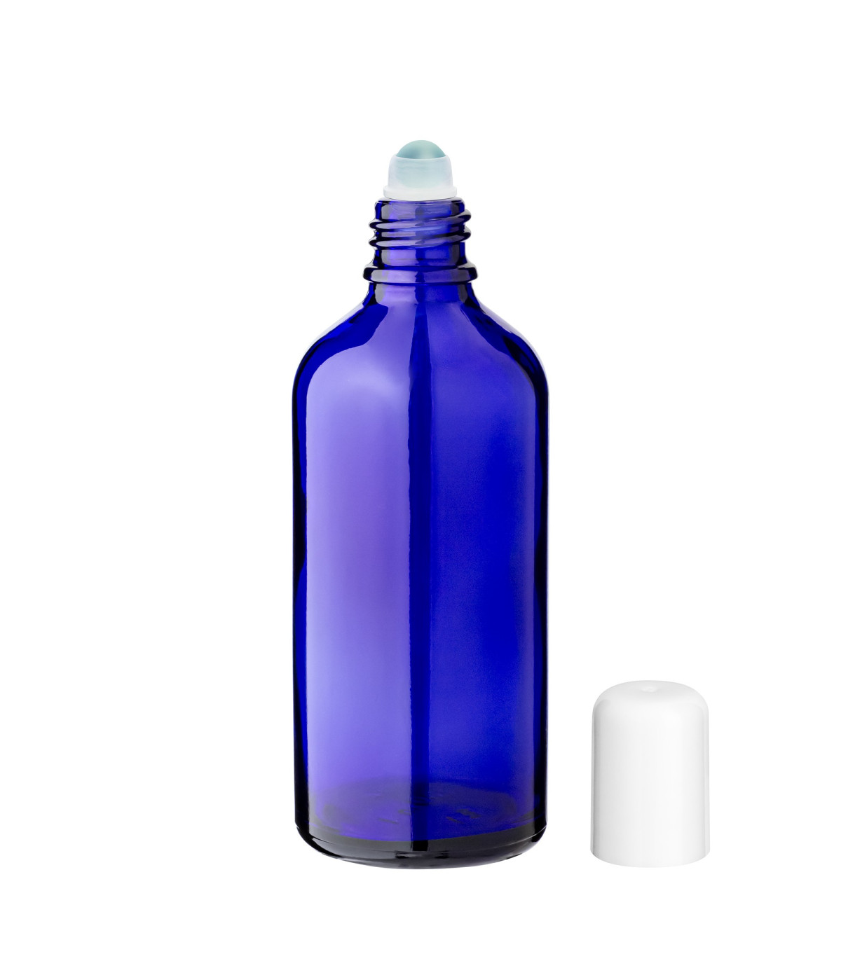 Glasflasche 100 ml blau Roll-on mit weißem Schraubverschluss