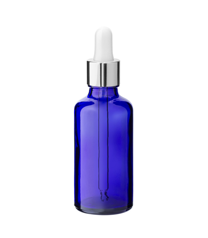 Blaue 50-ml-Glasflasche mit silberner Pipette