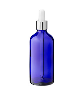 Blaue 100-ml-Glasflasche mit silberner Pipette