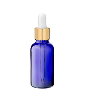 Blaue 30-ml-Glasflasche mit goldener Pipette