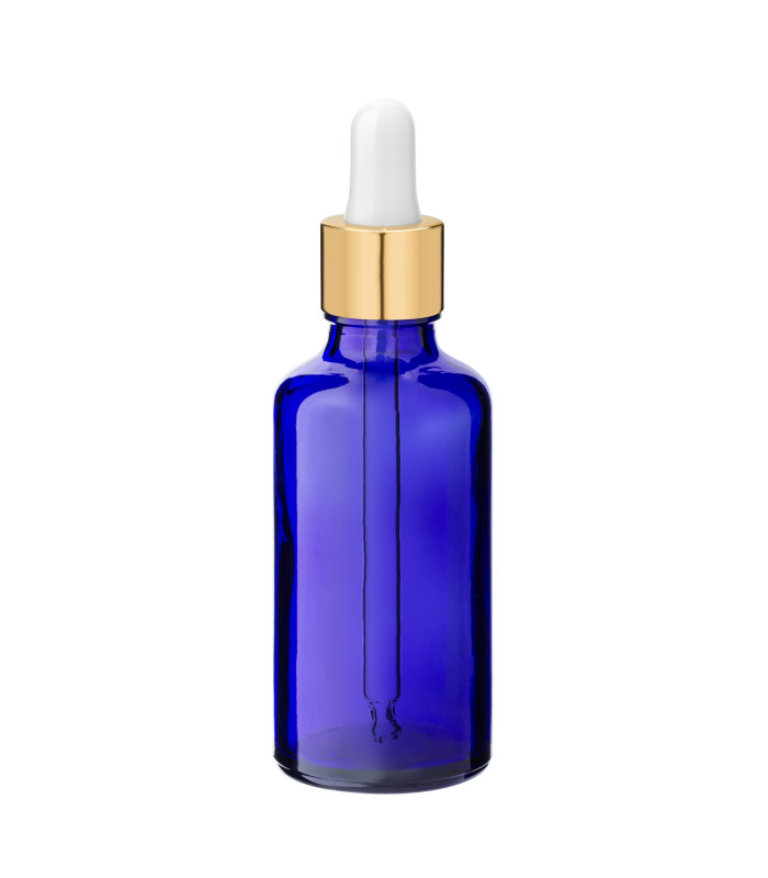 Blaue 50-ml-Glasflasche mit goldener Pipette
