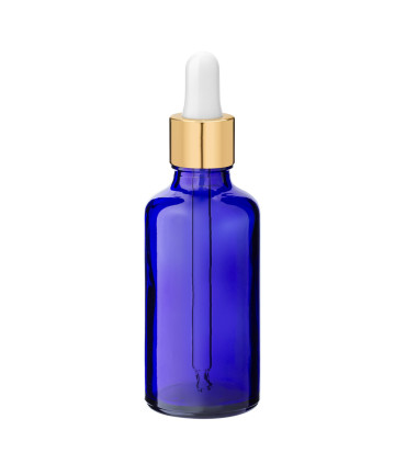 Blaue 50-ml-Glasflasche mit goldener Pipette