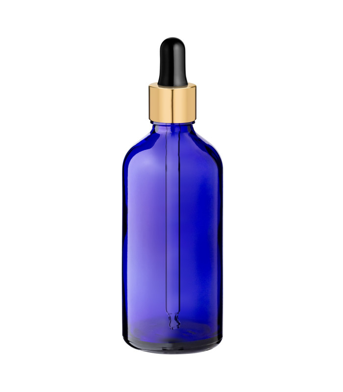 Glasflasche 100 ml blau mit goldener Pipette [2]