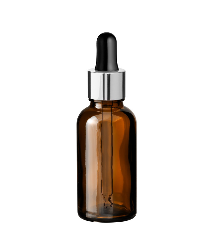 Glasflasche 30 ml braun mit silberner Pipette [2]