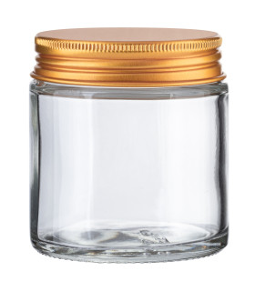 Kosmetiktiegel Glas klar 100 ml mit goldenem Aluminium Schraubdeckel