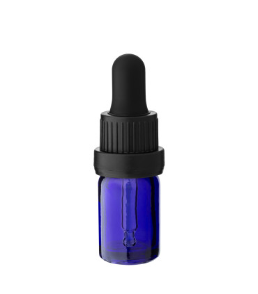 Blaue 5-ml-Glasflasche mit schwarzer Pipette in Nahaufnahme