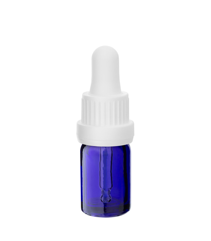 Blaue 5-ml-Glasflasche mit weißer Glaspipette, frontal fotografiert