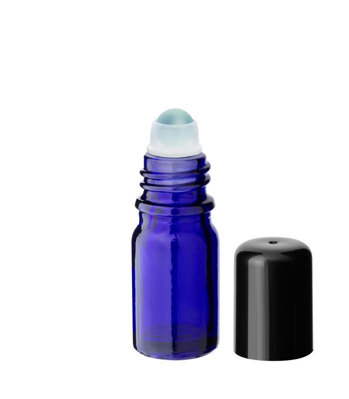 Glasflasche 5 ml blau Roll-On mit schwarzem Schraubverschluss | Leer