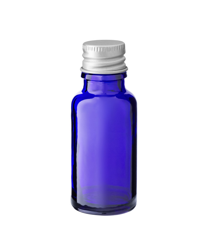 Glasflasche 20 ml blau mit silbernem Aluminium-Schraubverschluss