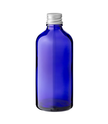 Blaue Glasflasche 100 ml mit silbernem Aluminium Schraubverschluss