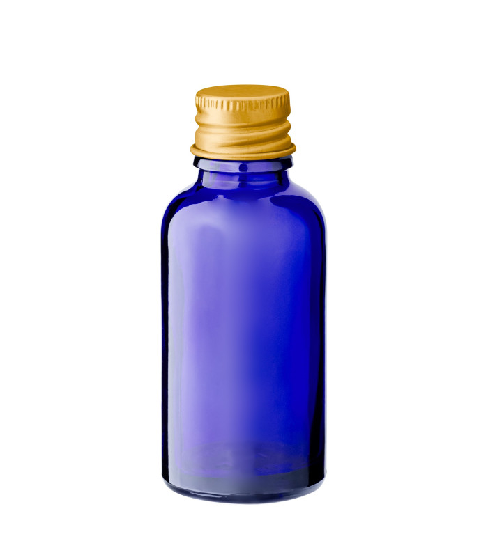 Glasflasche 30 ml blau mit goldenem Aluminium-Schraubverschluss