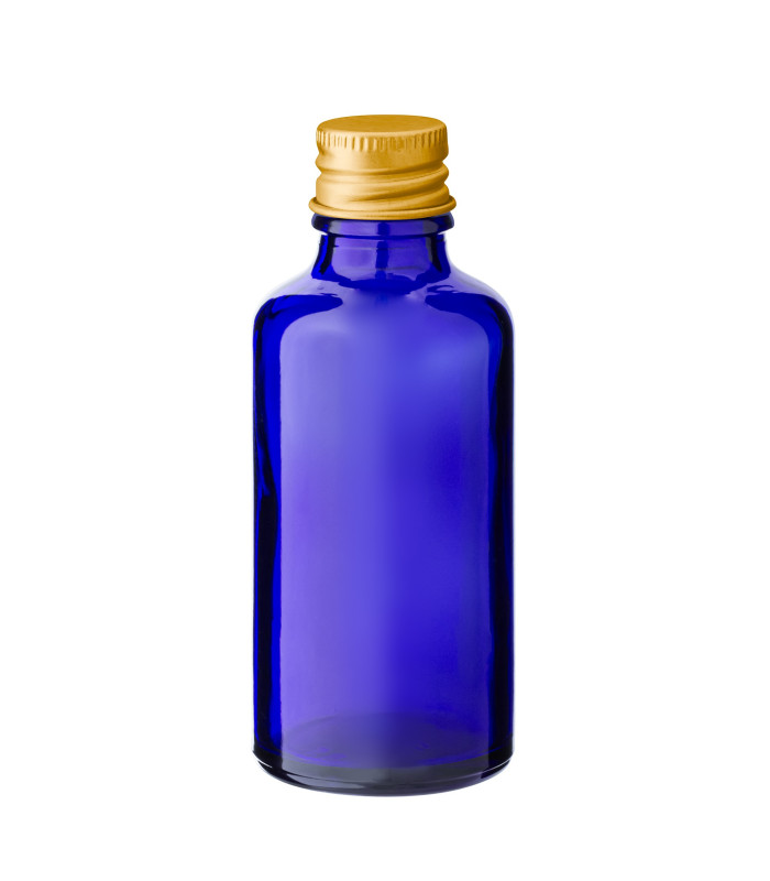 Glasflasche 50 ml blau mit goldenem Aluminium-Schraubverschluss