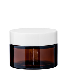 Kosmetiktiegel Glas braun 30 ml mit weißem ABS-Deckel und Zwischendeckel