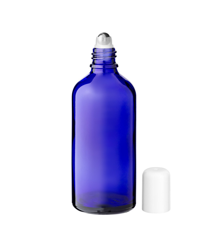 Glasflasche 100 ml blau Roll-on mit weißem Schraubverschluss [2]