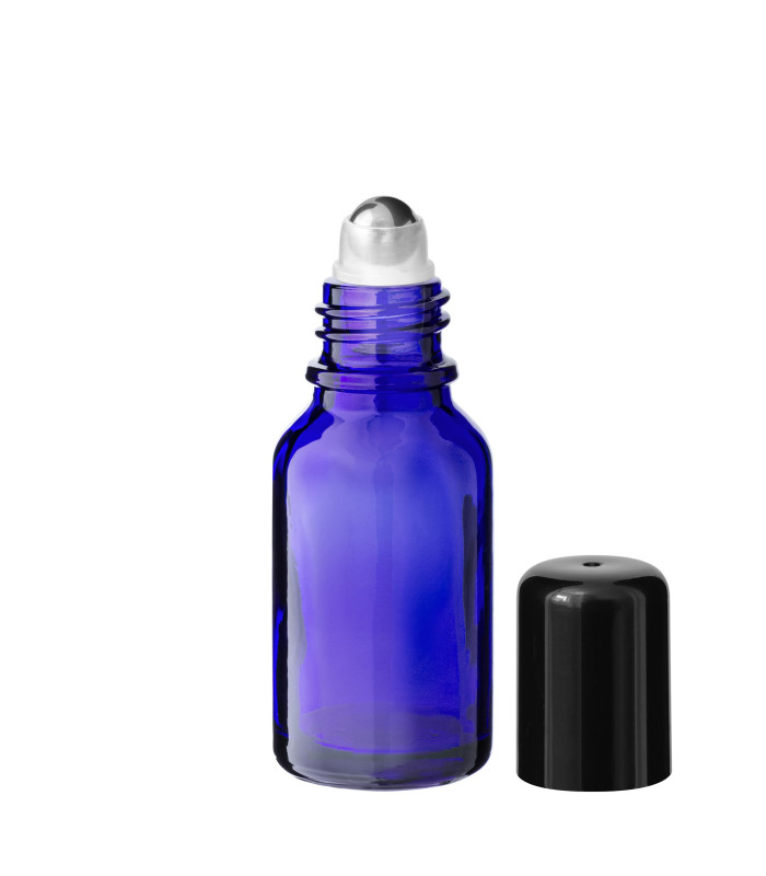 Blaue Glasflasche 15 ml Roll-On mit schwarzem Schraubverschluss [2]