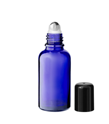 Roll-On-Flasche 30 ml blau mit Kugelaufsatz und schwarzem Verschluss