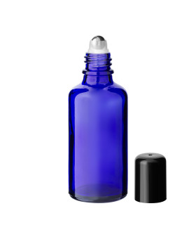 Blaue 30-ml-Roll-On-Glasflasche mit schwarzem Deckel – Kosmetikbehälter