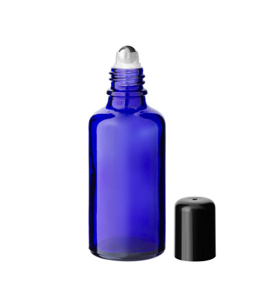 Blaue 30-ml-Roll-On-Glasflasche mit schwarzem Deckel – Kosmetikbehälter