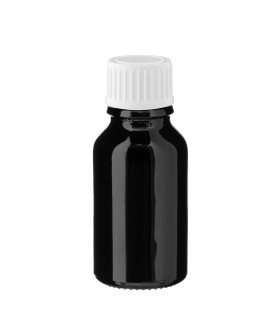 Schwarze Glasflasche 15 ml mit weißem Schraubverschluss