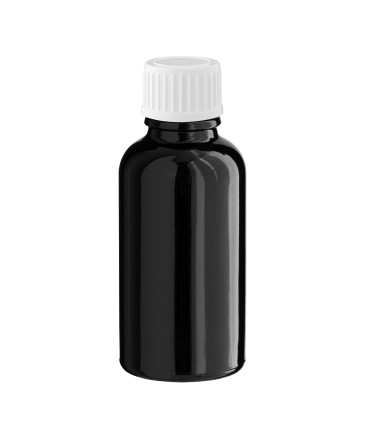 Glasflasche 30 ml schwarz mit weißem Schraubverschluss