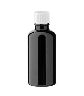 Schwarze Glasflasche 50 ml mit weißem Schraubverschluss