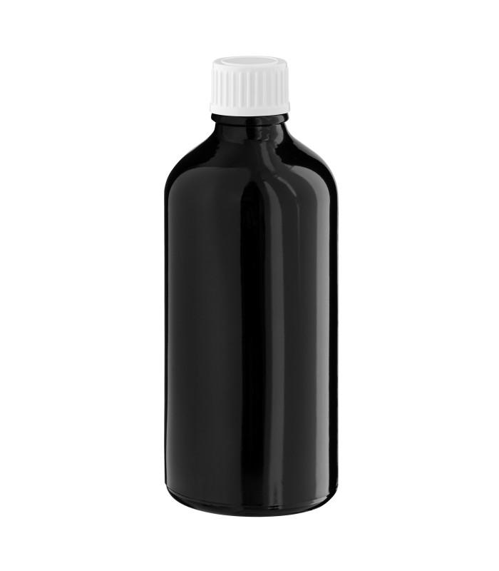 Glasflasche 100 ml schwarz mit weißem Schraubverschluss
