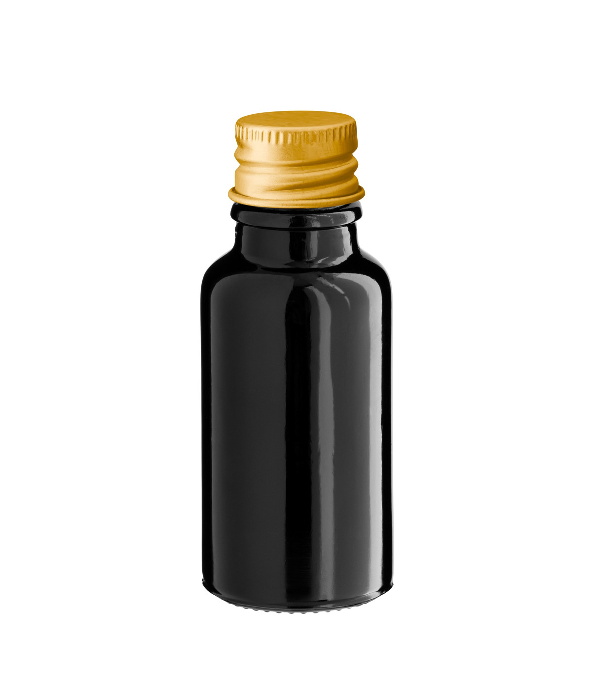 Glasflasche 20 ml schwarz mit goldenem Aluminium-Schraubverschluss