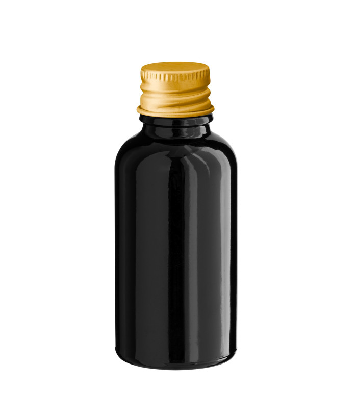 Glasflasche 30 ml schwarz mit goldenem Aluminium-Schraubverschluss