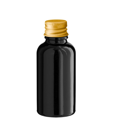 Glasflasche 30 ml schwarz mit goldenem Aluminium-Schraubverschluss
