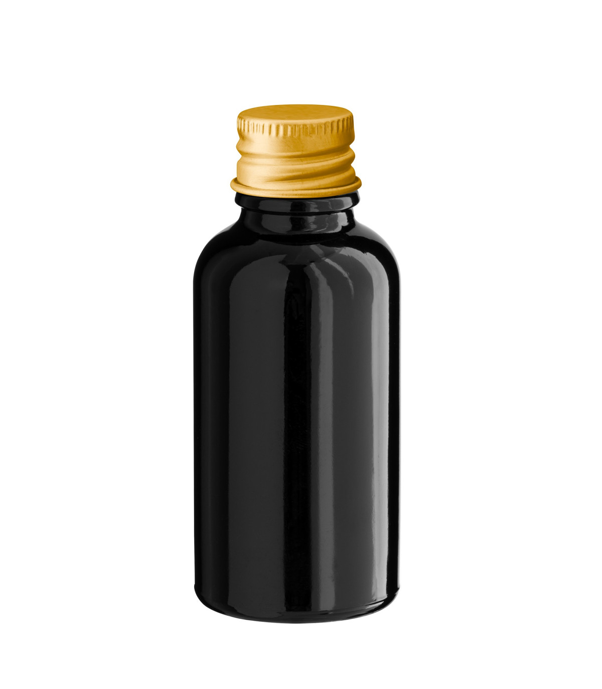 Glasflasche 30 ml schwarz mit goldenem Aluminium-Schraubverschluss