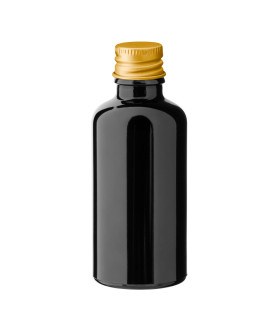 Schwarze Glasflasche 50 ml mit goldenem Aluminium Schraubverschluss