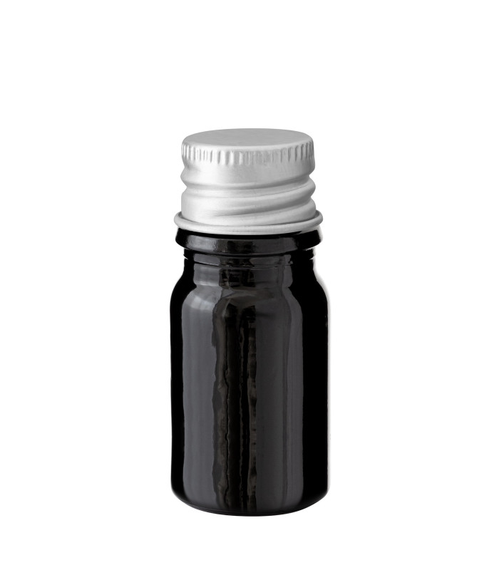 Glasflasche 5 ml schwarz mit silbernem Aluminium-Schraubverschluss