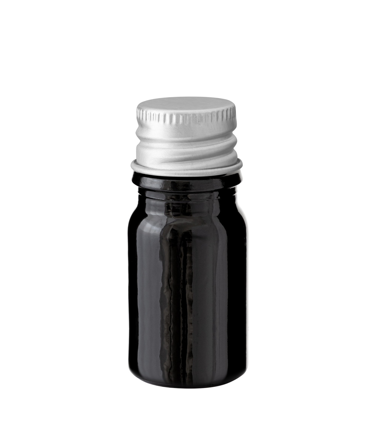 Glasflasche 5 ml schwarz mit silbernem Aluminium-Schraubverschluss