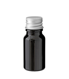 Glasflasche 10 ml schwarz mit silbernem Aluminium-Schraubverschluss
