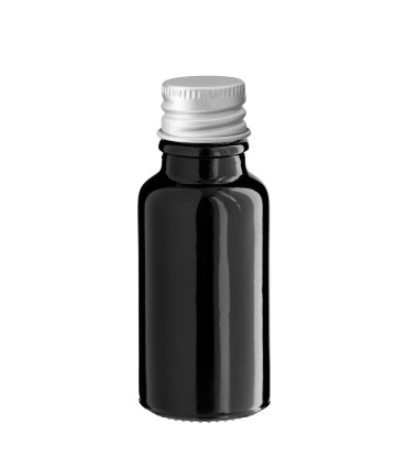 Glasflasche 20 ml schwarz mit silbernem Aluminium-Schraubverschluss