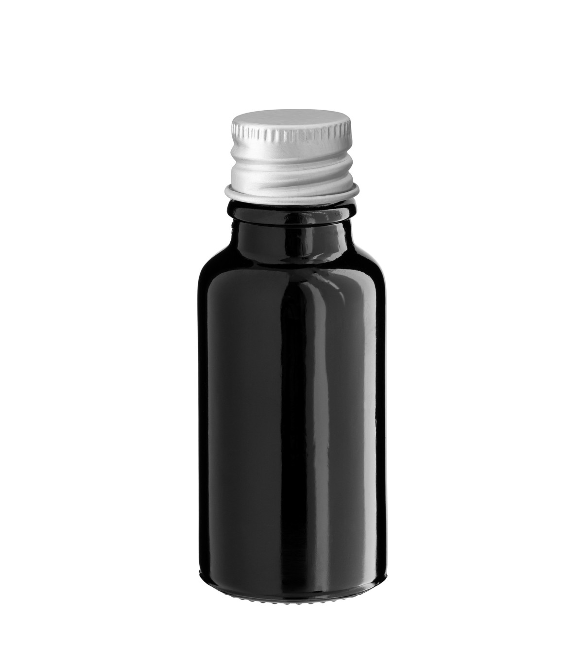 Glasflasche 20 ml schwarz mit silbernem Aluminium-Schraubverschluss