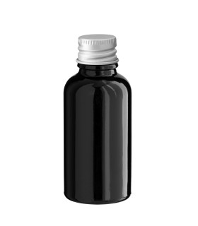 Schwarze Glasflasche 30 ml mit silbernem Aluminium Schraubverschluss
