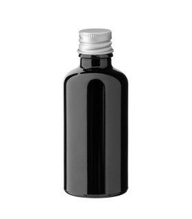 Schwarze Glasflasche 50 ml mit silbernem Aluminium Schraubverschluss