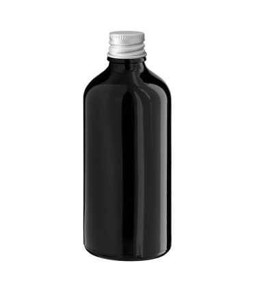 Glasflasche 100 ml schwarz mit silbernem Aluminium-Schraubverschluss