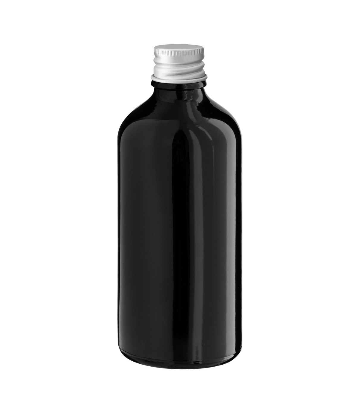 Glasflasche 100 ml schwarz mit silbernem Aluminium-Schraubverschluss