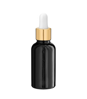 Schwarze Glasflasche 30 ml mit goldener Pipette