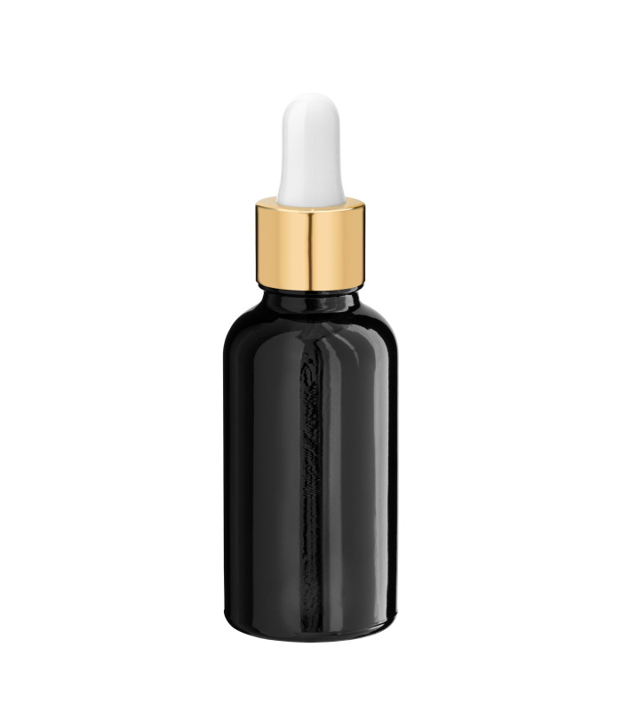 Glasflasche 30 ml schwarz mit goldener Pipette
