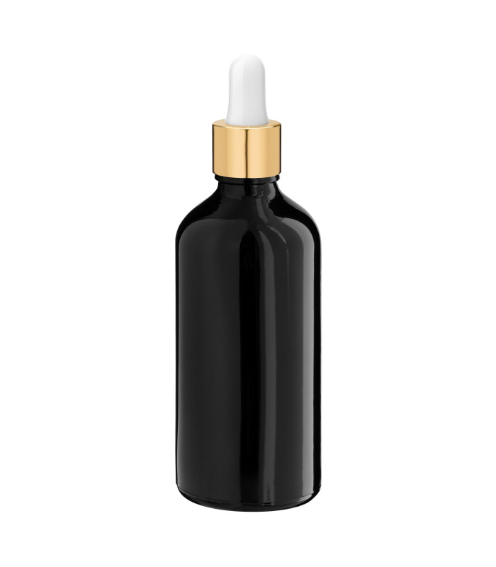 Glasflasche 100 ml schwarz mit goldener Pipette