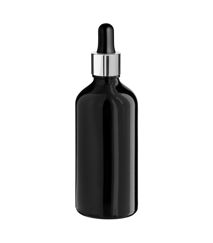 Glasflasche 100 ml schwarz mit silberner Pipette [2]