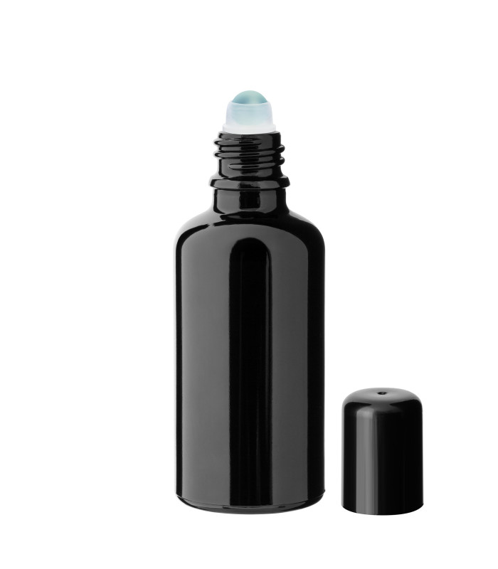 Glasflasche 50 ml schwarz Roll-On mit schwarzem Schraubverschluss