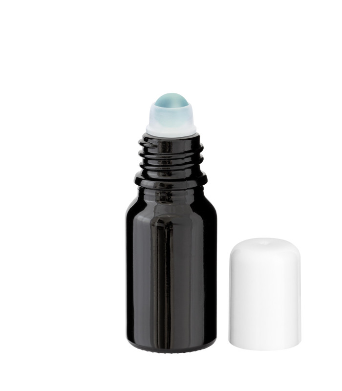 Glasflasche 10 ml schwarz Roll-On mit weißem Schraubverschluss
